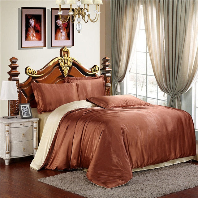 New 100% Pure Satin Silk Bedding Set Family Suite